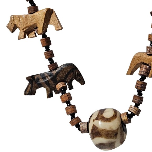 Handmade African Safari Wooden Animal Beaded Necklace Hand Carved Animals Tribal - Picture 3 of 6